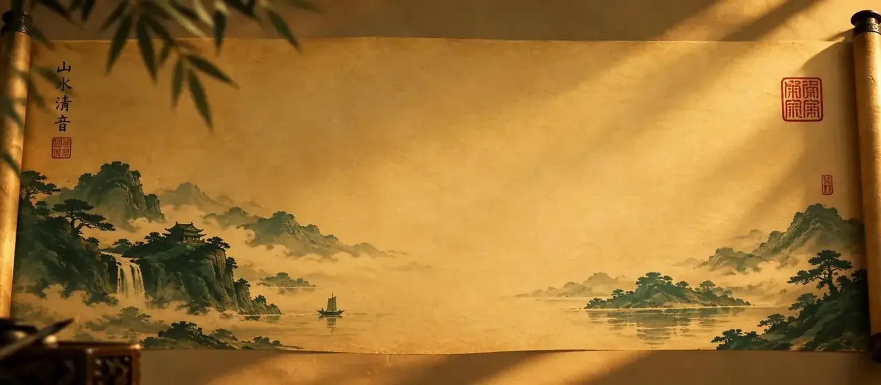 黄豆短剧手机应用视觉背景，国风卷轴与墨绿山水意象