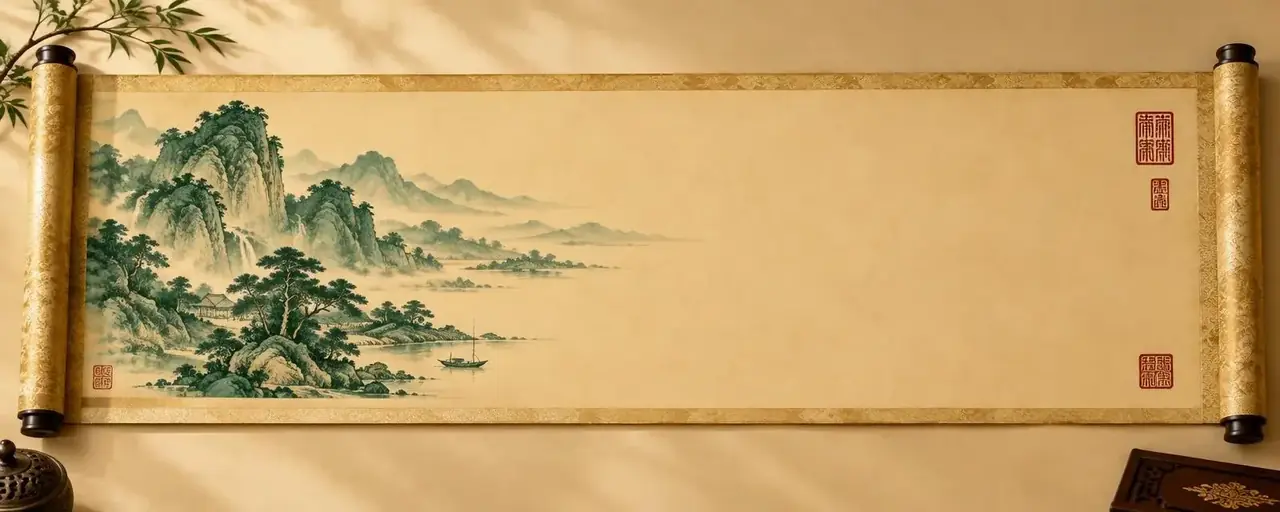 黄豆短剧下载APP页面视觉背景，墨绿山水卷轴